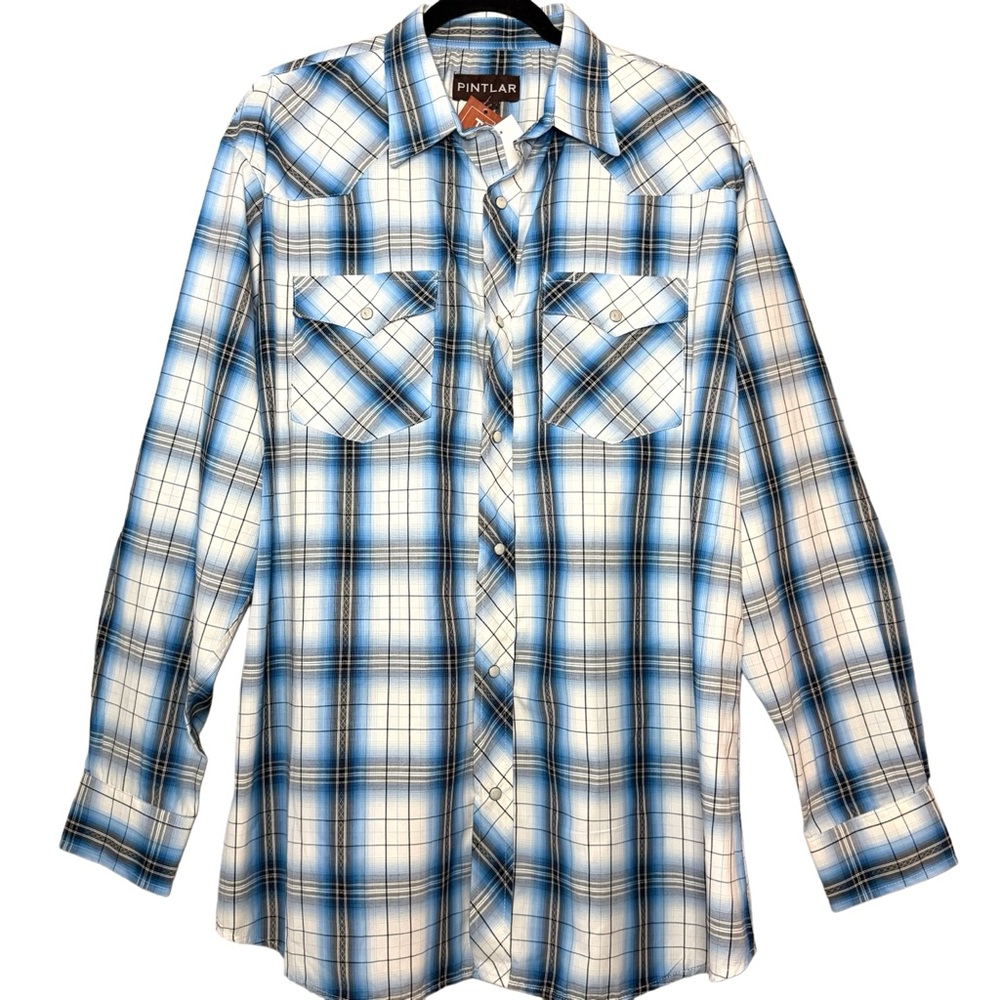Pintlar | Western Blue Plaid Long Sleeve Pearl Snap Collard Shirt XL